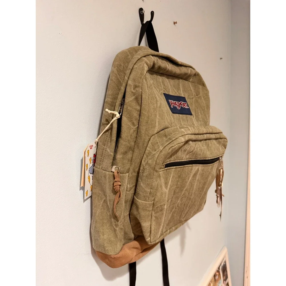 JanSport Right Pack Waxed Canvas Backpack Olive Green Suede Bottom 15 Laptop Bag